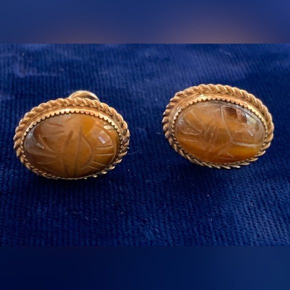 Vintage D’or 1/20 12k Gold Filled Tigers Eye Scarab Earrings - Picture 1 of 4